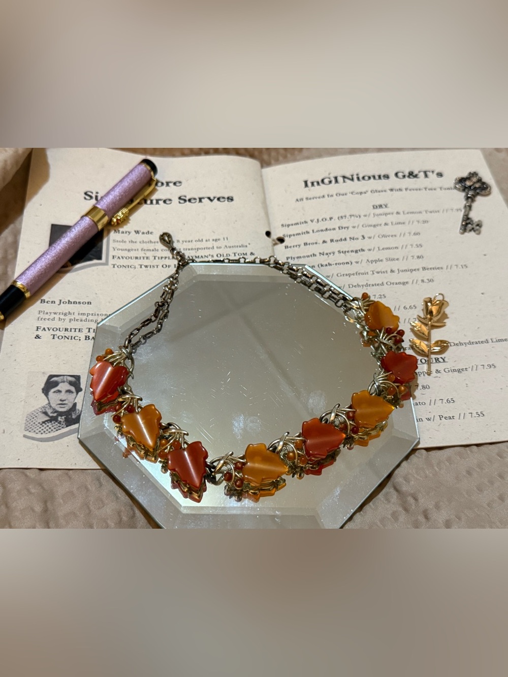 Vintage Coro Orange Lucite Leaf Necklace Silver Tone